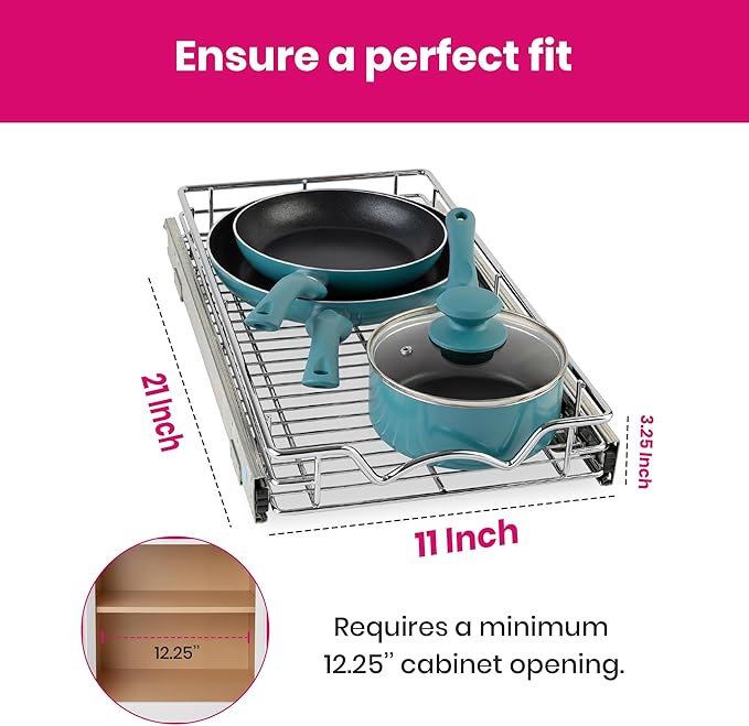 HOLDN’ STORAGE Pull Out Cabinet Organizer, Heavy Duty Caddy w/Lifetime Limited Warranty -11”W x 21”D - Requires At Least 12-1/4” Cabinet Opening, Steel Metal Cabinet Drawers Slide Out, Chrome