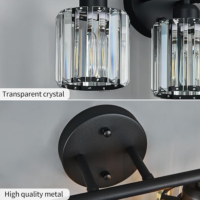 Modern 2 Light Crystal Vanity Light, Black Vertical Bathroom Light Fixture Over Mirror for Dressing Table Sink, Compatible with Dimmable Bulbs (Bulbs Not Included)