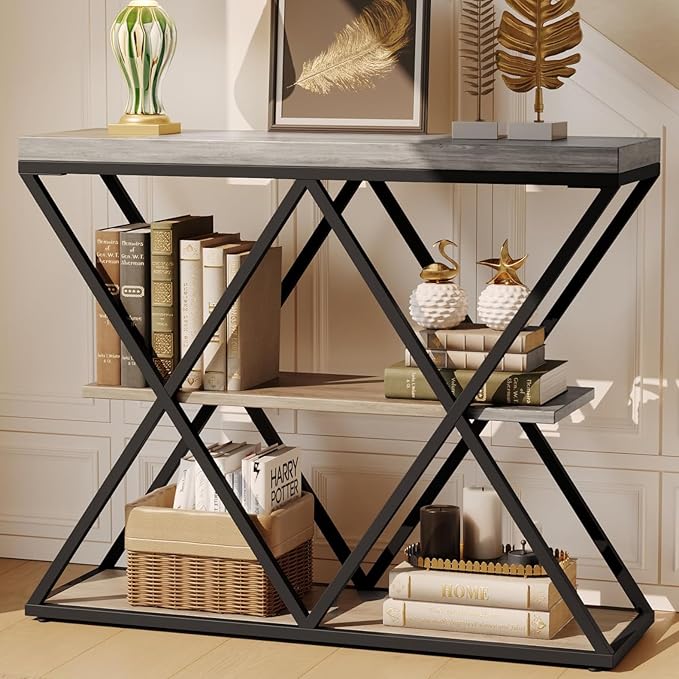 Garvee 3-Tier Entryway Table, Industrial Console Sofa Table with Storage, Accent Table with Open Shelves, X-Shaped Metal Frame, Foyer Table for Entryway, Hallway, Gray