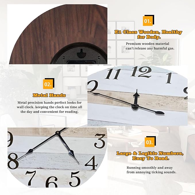 24 Inch Wall Clock Wood Round Silent Non-Ticking Clock,Large Rustic Farmhouse Blue Wall Clock with Battery Operated Vintage Decorative Clock for Living Room Kitchen Decor