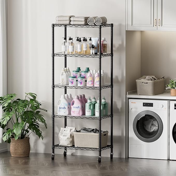 SINGAYE 5 Shelves Storage Shelf Wire Closet Bathroom Organizers Metal Pantry Kitchen Garage Shelving Unit Laundry Room Organization Home Rack Net Basket Black with Wheels