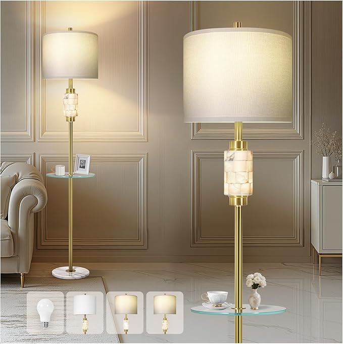 Modern Floor Lamp for Living Room with Glass Tray and Night Light, Alabaster Bedroom Lamp, Tall Lamp with Linen Shade, Marble Base Standing Lamp for Living Room,Bedroom,Office(Bulb Included)