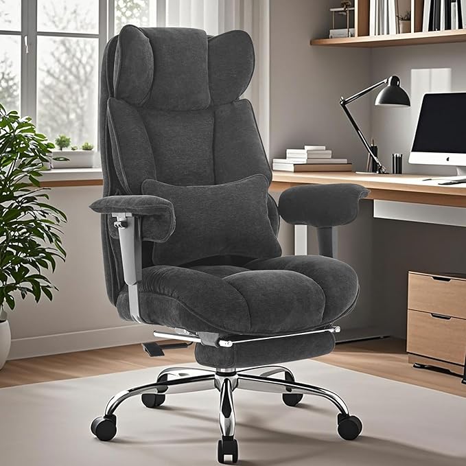 Efomao Executive Office Chair, Soft-Cushioned Computer Chair with Foot Rest, Fabric Home Office Desk Chairs, Big and Tall Office Chairs, Black