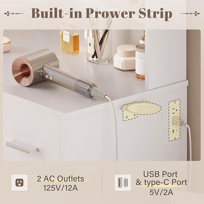 YESHOMY Vanity Desk with Mirror, 10 Lights, Power Outlet and 3 Storage Shelves, Makeup Table with 2 Drawers & 1 Cabinet, 3 Color Modes, for Bedroom, White