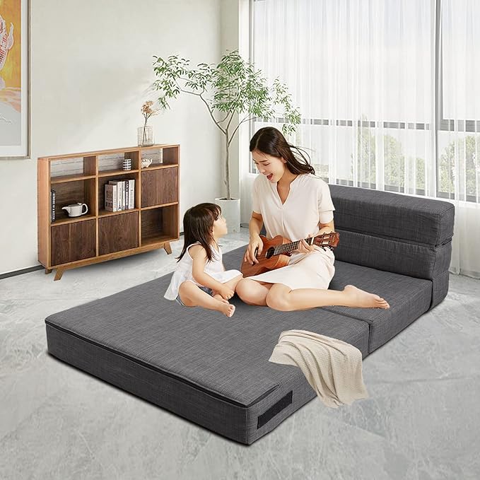 Queen Size Folding Sofa Couch Memory Foam with 2 Pillows Sleeper Chair Lazy Couch Triple Futon Convertible Guest Beds, Washable Cover,Dark Gray