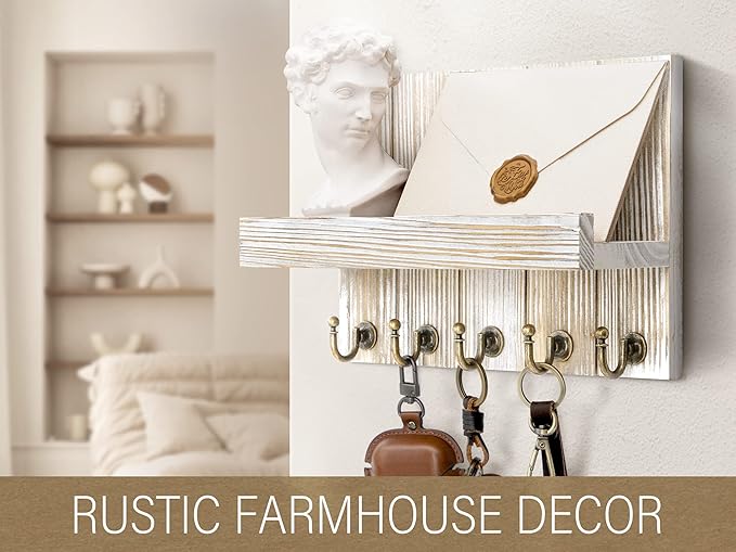 Rebee Vision Farmhouse Key Holder for Wall - Mail Organizer & Key Hanger for Wall - 5 Sturdy Key Hooks with Small Floating Shelf for Rustic Apartment Essentials (Natural Wood, 3.54"D x 10"W x 7.28"H)