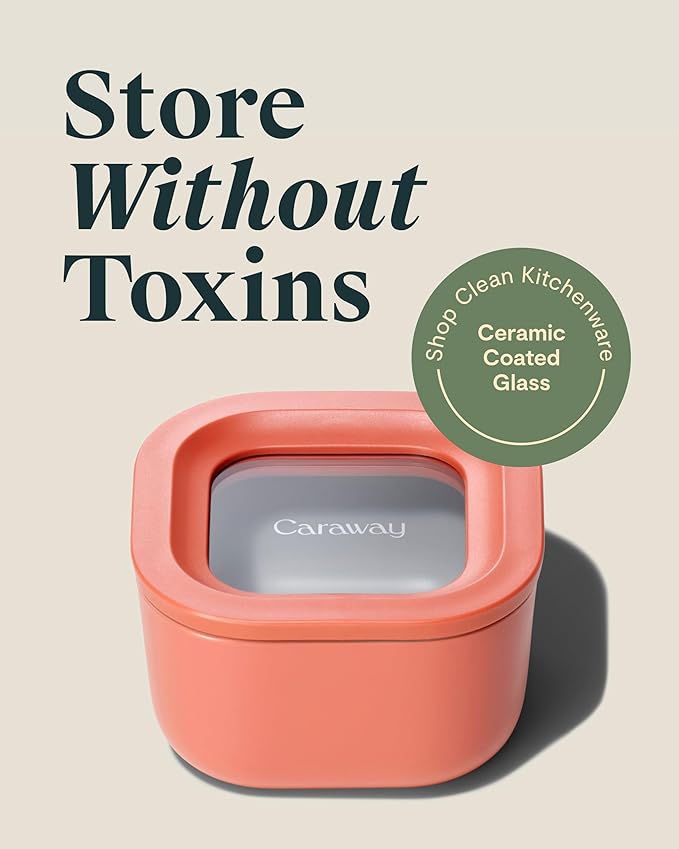 Caraway 2pc Glass Food Storage Set - 1.75 Cup Food Containers (2) - Non-Toxic Ceramic-Coated Glass - Air Release Technology - Compact & Stackable Design - Perracotta