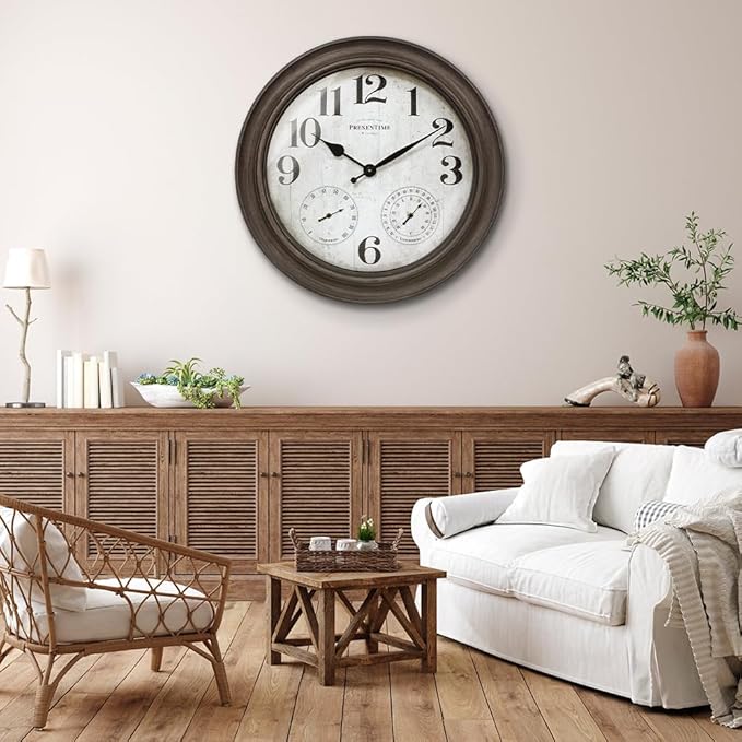 Presentime & Co. 26" Clifton in/Outdoor Farmhouse Clock with Thermometer & Hygrometer as All in One Weather Station, Farmhouse Wall Art and Timepiece for Home Decoration, Grey Oak Finish