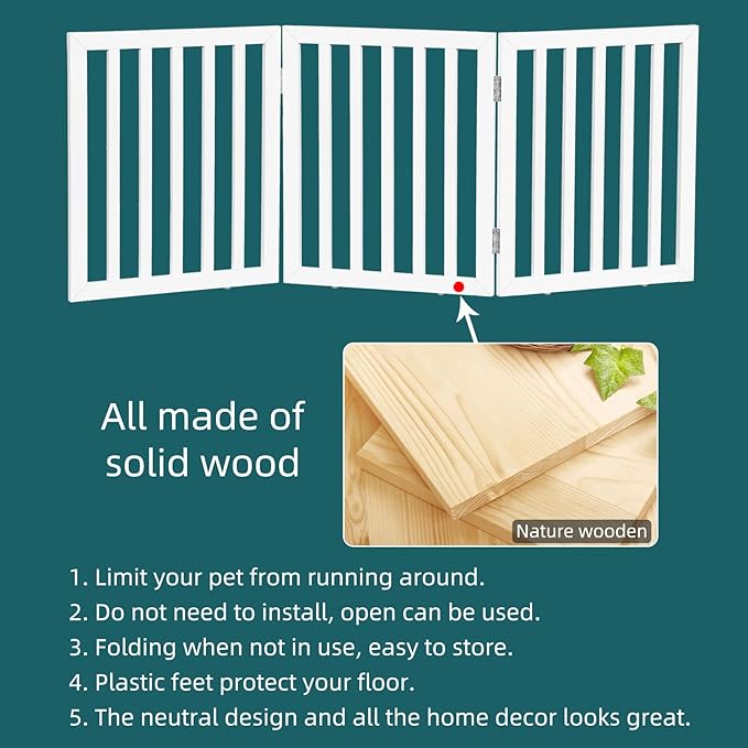 ZJSF Freestanding Indoor Dog Gate for House Foldable Wood White Puppy Gate for Doorways Pet Gate for Stairs Extra Wide Pet Fence 24" Height 3 Panels