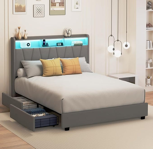 Queen Bed Frame, Velvet Upholstered LED Platform Bed with Headboard Storage, Queen Bed Built-in Charging Station with 4 Drawers, Wood Slat Support, No Box Spring Needed, Grey