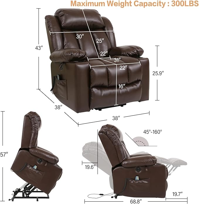 PARKOL Power Lift Recliner Chair for Elderly Breathable Leather Recliner Chair with Massage and Heat for People Limited Mobility (Brown, Small)