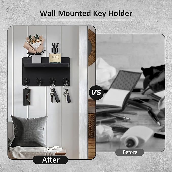 Nekon Key Holder Wall Mount, 8.5 Inch Small Home Decor Wooden Wall Organizer with 4 Hooks and Shelf, Wall Decor for Living Room Entryway Kitchen (Black)