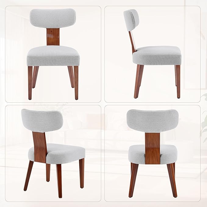 Dining Chairs Set of 6, Mid-Century Modern Upholstered Kitchen Chairs with Curved Backrest and Linen Fabric Seat, Wood Leg Accent Chairs for Dining Room, Living Room, Bedroom, Grey