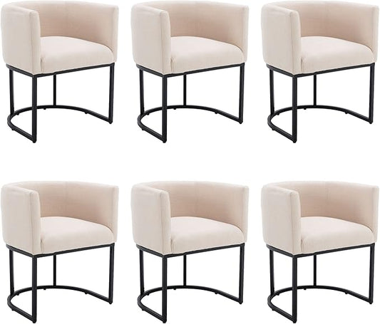 Linen Fabric Dining Chairs Set of 6 Modern Barrel Arm Chairs with Black Frame Upholstered Kitchen Chairs 18.5" Wide Accent Chairs for Living Room Dining Room Restaurant, Cream