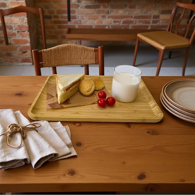 Bamboo Serving Tray Rectangle Platter Breakfast Dinner Food Bed Tray for Eating Kitchen Restaurants (1, 14.2" x 9.5" x 0.8" (no Handle))