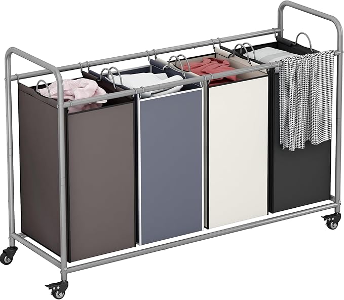 Laundry Sorter 4 Section Hamper Sorter with Heavy Duty Lockable Rolling Wheels Removable Bags Basket Separator for Dirty Clothes Storage, Assorted