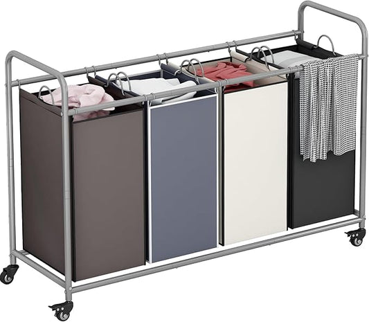 Laundry Sorter 4 Section Hamper Sorter with Heavy Duty Lockable Rolling Wheels Removable Bags Basket Separator for Dirty Clothes Storage, Assorted