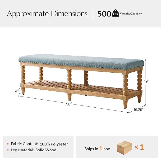HULALA HOME Farmhouse Entryway Bench, 58" Fabric Bed Bench with Shelf, Solid Spindle Legs, Nailhead Trim Detail for Bedroom, Living Room, Hallway, Blue