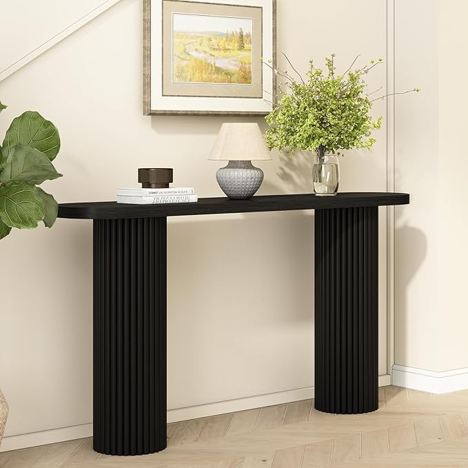 55" Fluted Console Table with Solid Wood Legs, Long Farmhouse Entryway Table with Rounded Corners, Morden Sofa Tables Behind Couch for Foyer, Entrance, Living Room, Hallway