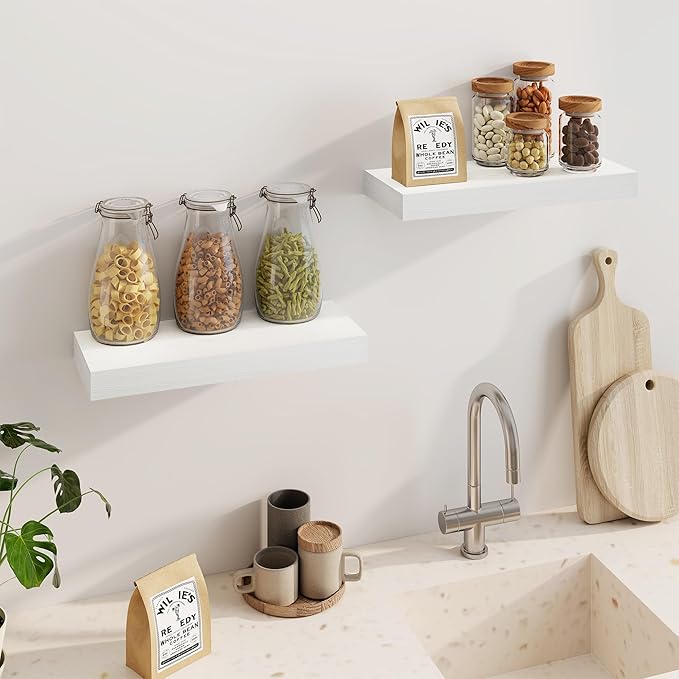 Fun Memories Floating Shelves for Wall, 20Inch Floating Shelves Set of 2, Hanging Shelf with Invisible Brackets, Wood Shelves for Living Room, Bedroom, Kitchen, White