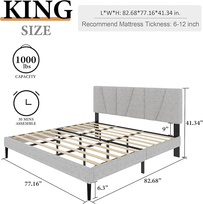 King Size Platform Bed Frame with Upholstered Headboard, Wooden Slats Support, Noise Free, No Box Spring Needed, Easy Assembly, Light Grey, Linen