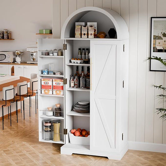 65" H Arched Kitchen Pantry Cabinet, Modern Farmhouse Storage Cupboard with Adjustable Shelves, White Freestanding Wood Cabinet for Kitchen, Living Room, Dining Room