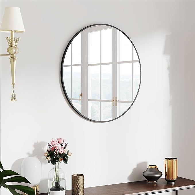 24" Round Mirror Circle Wall Mounted Hanging or Against Wall Aluminum Alloy Metal Frame Dressing Make-up Mirrors for Entryway Bedroom Bathroom Living Room 24 inch Black