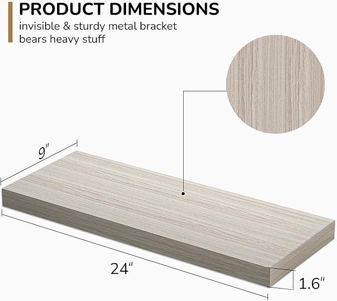 Floating Shelves - 24 Inch Rustic Wooden Wall Shelves - Extra Deeper & Thicker Wall Mounted Storage Shelf for Living Room, Kitchen, Farmhouse - 24" W x 9" D x 1.6"H - Rustic Grey, 2 Pack