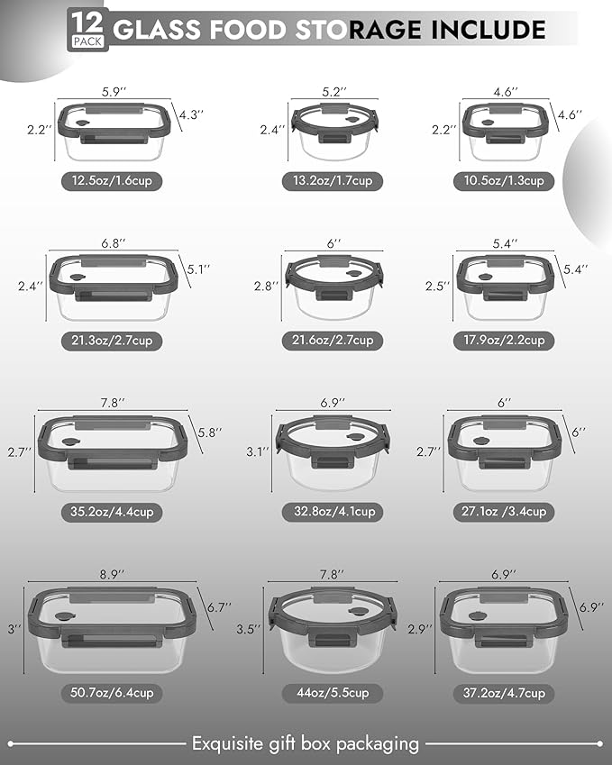 12-Pack Glass Containers with Tempered Lids – Borosilicate, Oven-Safe, Airtight, BPA-Free, Multi-Size for Meal Prep, Dishwasher Safe (Gray)