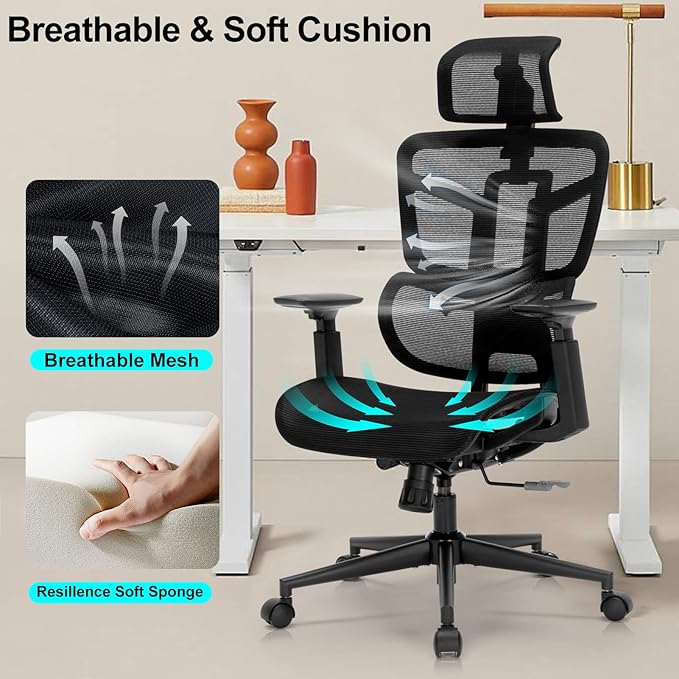 Ergonomic Office Chair, Desk Chair with Adjustable Height, Lumbar Support, High Back Mesh Computer Chairs with Flip up Armrests, Task Chairs for Home, Bedroom, Study, Dorm, Student, Adults Men Women