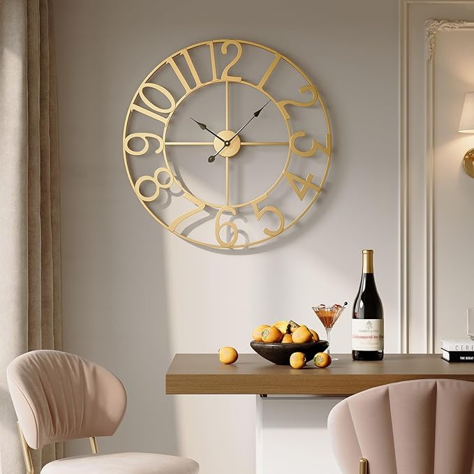 Large Wall Clock 30 Inch, Decorative Gold Clocks Silent Non Ticking Battery-Operated for Living Room Kitchen Mantel Decor, Metal Round Modern Wall Clocks Arabic Numerals
