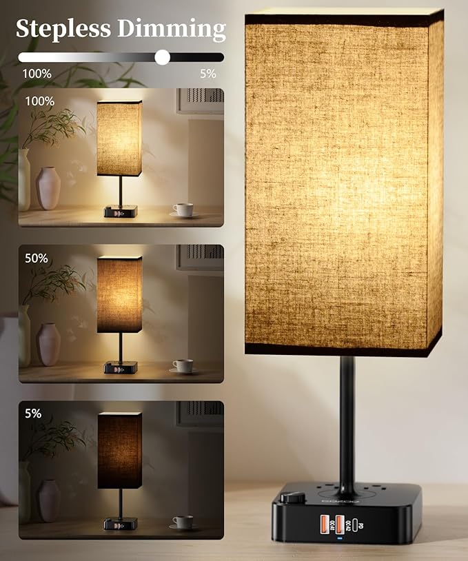 RGB Table Desk Lamp with 16 Million Colors & Music Sync | Smart Color Changing Nightstand Light Stepless Dimmable Warm-Cool White + USB Charging AC Outlets for Gaming,Home Office,Bedroom Mood Lighting