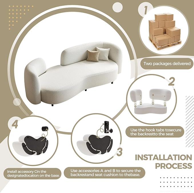 Sherpa Curved Loveseat Sofa, Modern Upholstered Couch with Solid Wood Frame, Thick Foam Cushion, Compact Comfy Sofa for Apartment, Living Room or Office – Ivory White