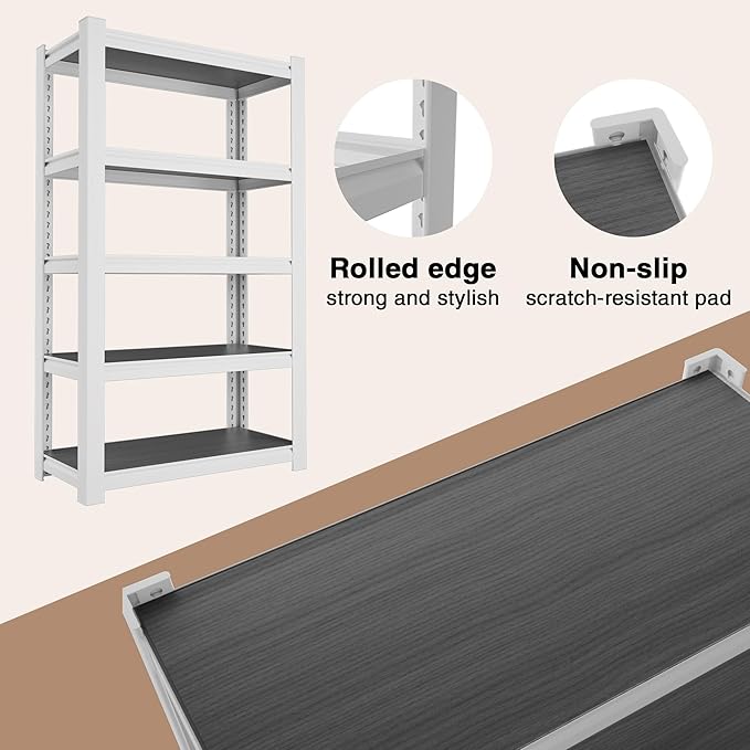 WORKPRO House 5-Tier Shelving Unit, 3000lbs Adjustable Storage Shelves, Boltless Book Shelf, Shelf Organizer for Kitchen, Living Room, Bathroom, Wood Grain Pattern, Waterproof Board, 24-1/10"W, White