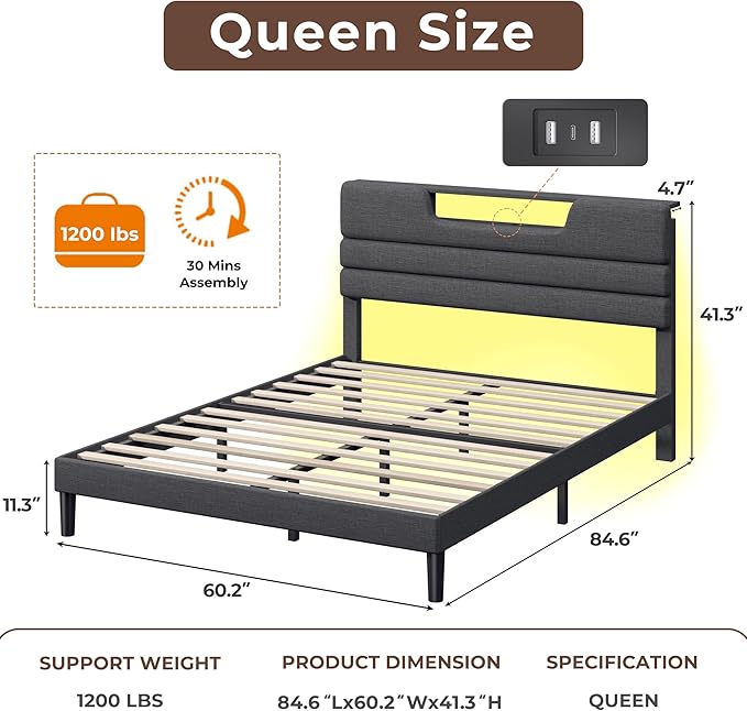Queen Size Bed Frames with Upholstered Headboard, Modern Platform Bed with Charging Station and Led Lights, Bed Frame with Sturdy Wooden Slats/No Box Spring Needed/2-Tier Storage, Grey