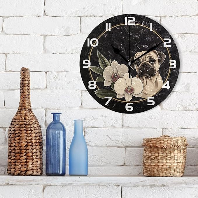 Bolaz Wall Clocks Decorative Bedroom Silent Living Room Desktop Cute Pug Flower Tabletop Shelf Clocks Round Battery Operated 10 Inch Non-Ticking