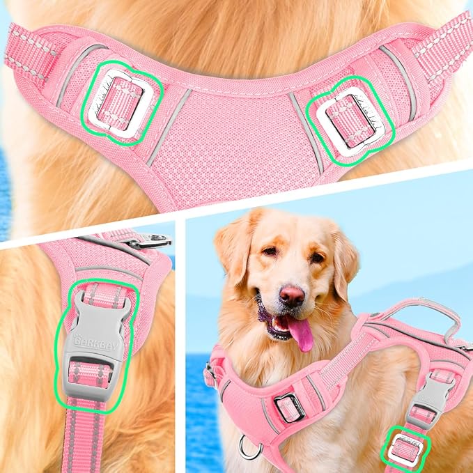 BARKBAY No Pull Dog Harness Large Reflective Dog Harness with Front Clip and Easy Control Handle for Walking Training Running with ID tag Pocket(Baby Pink,XL)