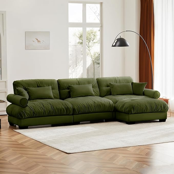 130"Oversized Couch, 3 Seater Modular Sectional Sofa, Olive Green Large L Shaped Sectional Couches for Living Room, Fluffy Couch Set, 3 Seater, Velvet Cloud Couches with Ottoman, Sofas for Living Room