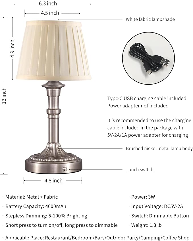 KDG Cordless Portables Table Lamp Set of 2, LED Fabric Shade Small Desk Lamps, 5000mAh Battery Powered Lighting, 2700K Stepless Dimmable Light for Living Room, Dining Room, Bedroom, Bedside (Nickel)