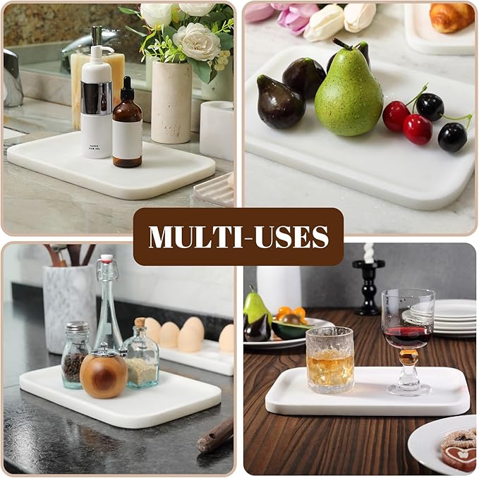 Koville Marble Tray, 12"x8" Marble Vanity Tray for Bathroom Kitchen Countertop, Rectangular Stone Tray for Cosmetics Perfume Trinket, Decorative Catchall Trays (White)