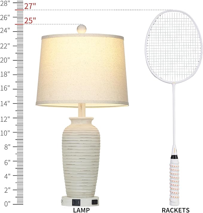 25" Retro White Farmhouse Jar Table Lamps Set of 2, 3 Way Touch Control Rustic Bedside Lamps with USB A+C Ports & AC Outlet, Pot Nightstand Lamps for Bedroom Living Room (LED Bulbs Included)