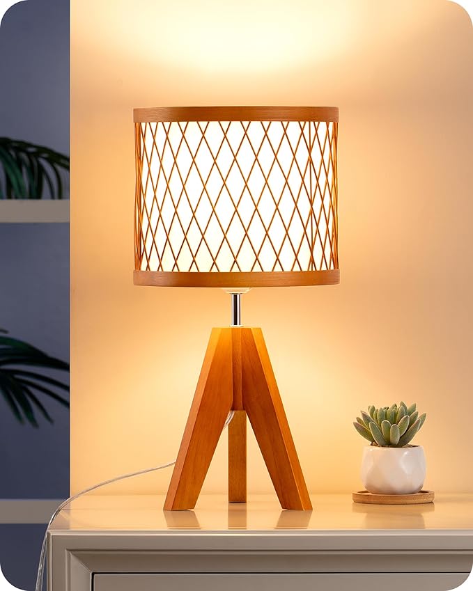 EDISHINE Small Table Lamp, 14.17" Wood Tripod Bedside Lamp with Bamboo Lampshade & PVC Shade, ON-Off Switch & E26 Base, Boho Nightstand Lamp for Living Room, Bedroom