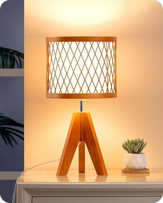 EDISHINE Small Table Lamp, 14.17" Wood Tripod Bedside Lamp with Bamboo Lampshade & PVC Shade, ON-Off Switch & E26 Base, Boho Nightstand Lamp for Living Room, Bedroom