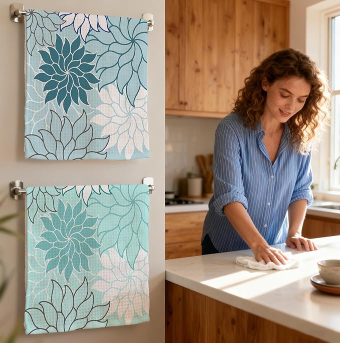 2-Pack Boho Floral Abstract Waffle Towels, Flower Hand Towel for Bathroom Decor, 16x24 Inch Neutral Azure & Blue Flower Dish Tea Towel Decor for Kitchen/Bath/SPA,Gift for Friends.