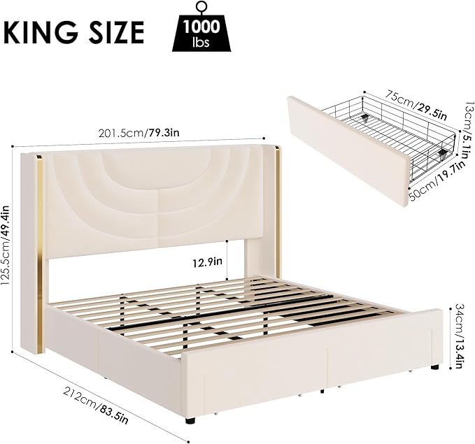 HITHOS King Upholstered LED Bed Frame with 2 Storage Drawers, Velvet Platform Bed with Wingback Headboard, Solid Wooden Slats Support, No Box Spring Needed, Headboard Splicing Design, Beige