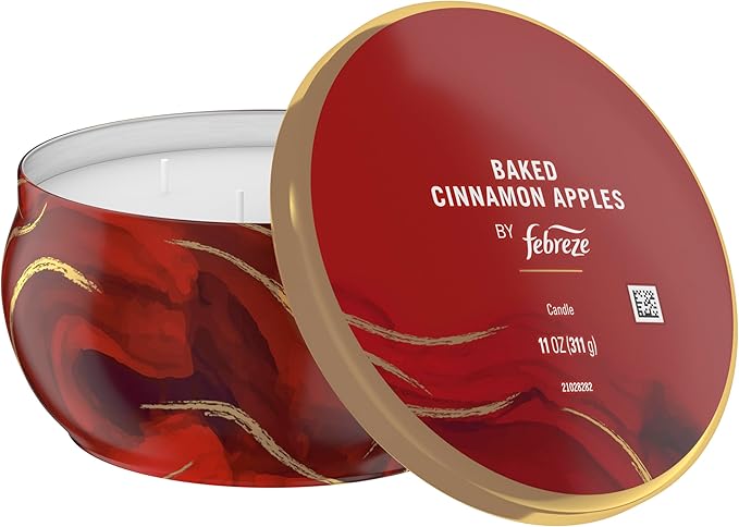 Febreze Scented Candle, Baked Cinnamon Apples Scent, 4 Wick Candle, Reusable Tin, Long Lasting Even Burn, Giftable for Holidays, 11oz, Single Pack