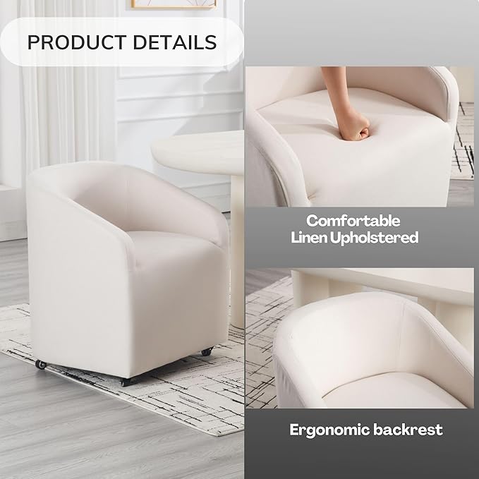 Set of 4 Modern White Upholstered Dining Chairs with Swivel Casters, Linen Barrel Back Accent Side Chair for Dining Room Living Room, Beige