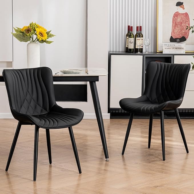 Kidol & Shellder Black Dining Chairs Set of 2,Faux Leather Upholstered Mid Century Modern Kitchen&Dining Room Chair with Back,Ergonomic Armless Vanity&Living Room Chair with Metal Legs