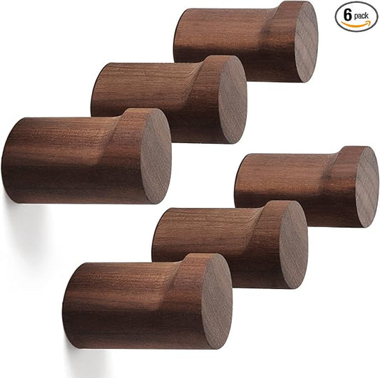 Wood Wall Hooks 6 Pack, Natural Wooden Coat Hooks Wall Mounted, Handmade Rustic Hat Hooks Heavy Duty Entryway Wall Hangers for Hanging Towels, Clothes, Bags (Black Walnut Wood)
