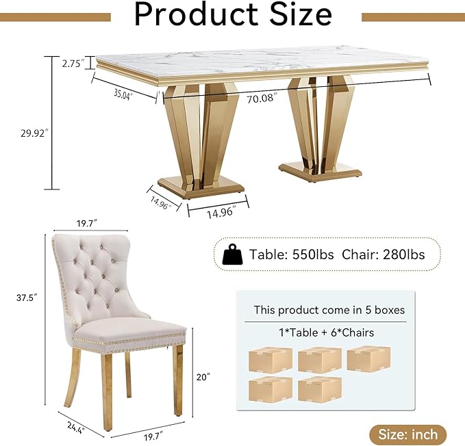 70" Faux Marble Dining Table Set for 6, 7-Piece Dining Set with White Gold Kitchen Table and 6 Velvet Tufted Chairs, Modern Rectangular Dining Room Table with Diamond-Shape Stainless Steel Base